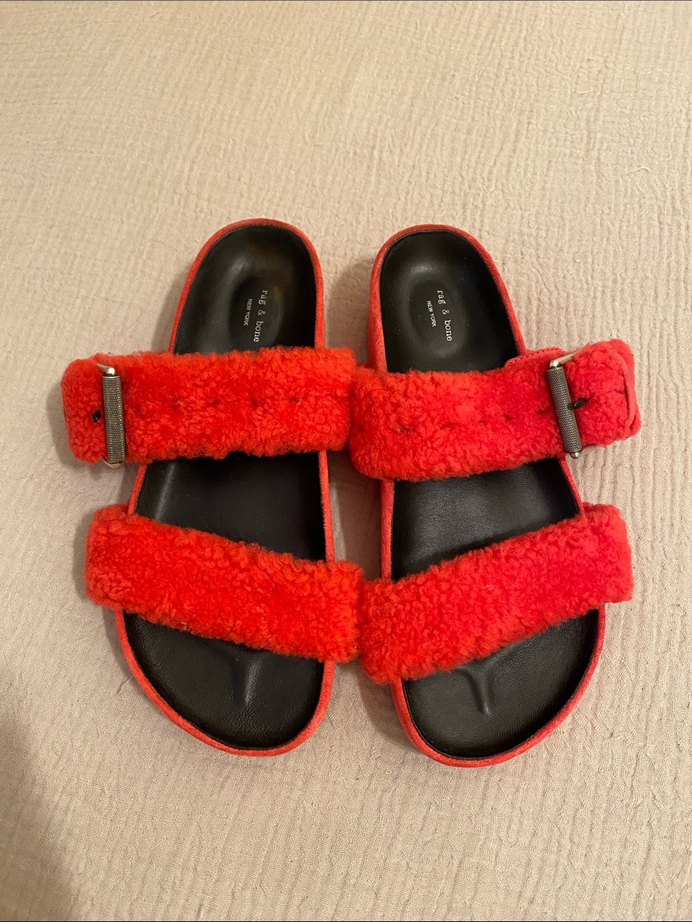 rag & bone Red Fuzzy Double-Strap Sandals. Size 40